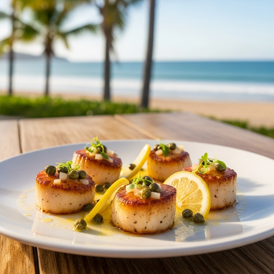callos sellados con mantequilla y limón en plato blanco