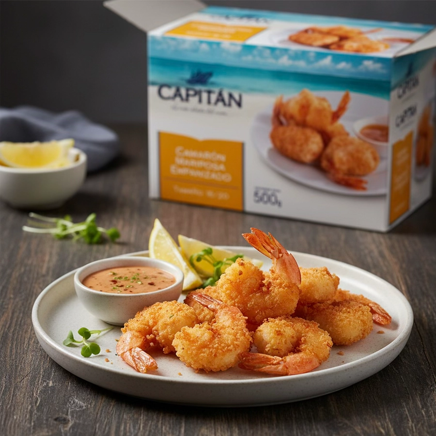 Camarón Mariposa Empanizado Capitán 500 g con porción dorada y dip