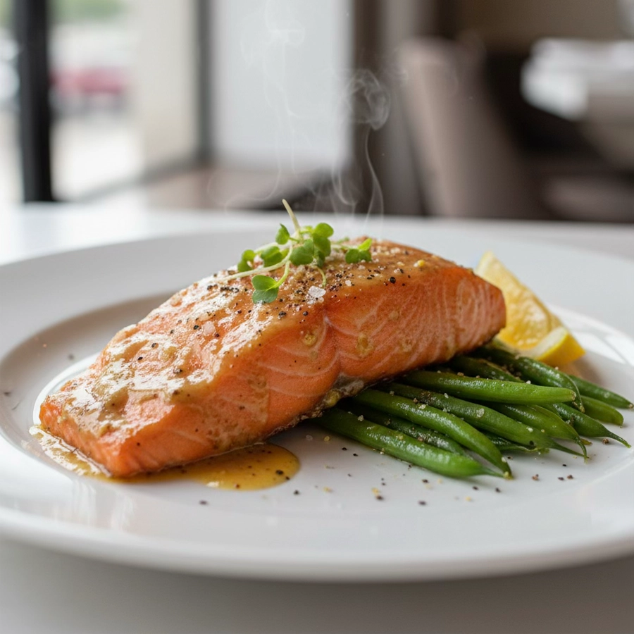 filetes glaseados con limón sobre plato blanco