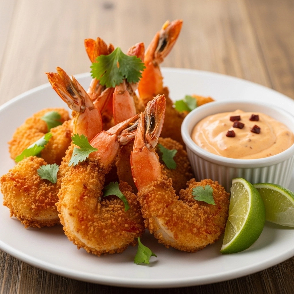 Camarón Cocido Empanizado Capitán en freidora de aire con dip cremoso de chipotle