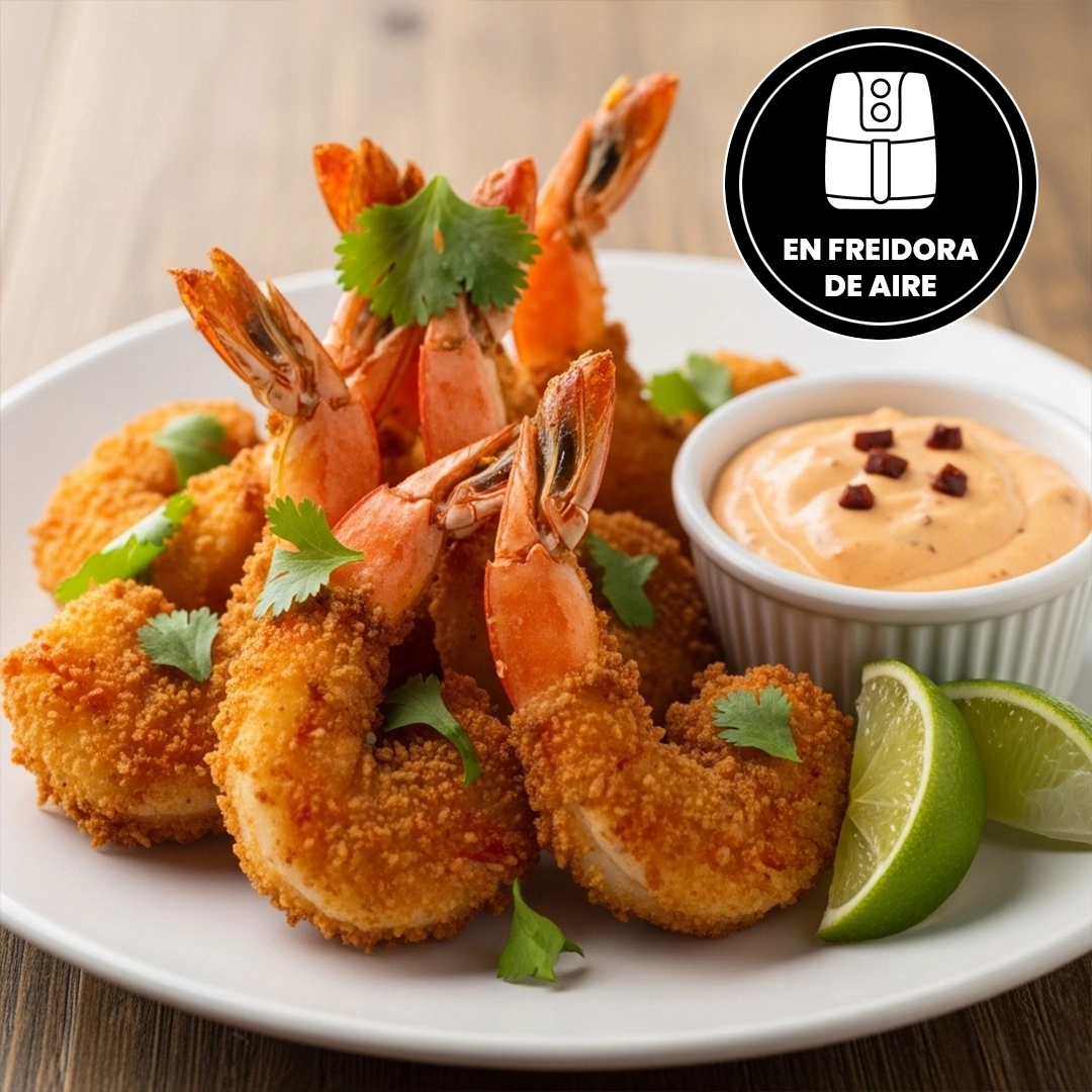 Camarón Cocido Empanizado Capitán en freidora de aire con dip cremoso de chipotle